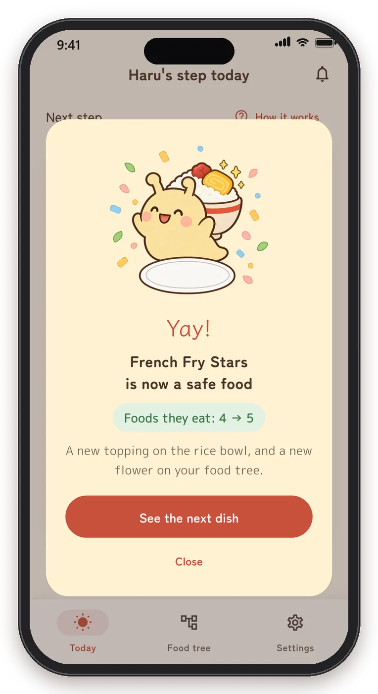 Celebration screen saying the dish is now a safe food