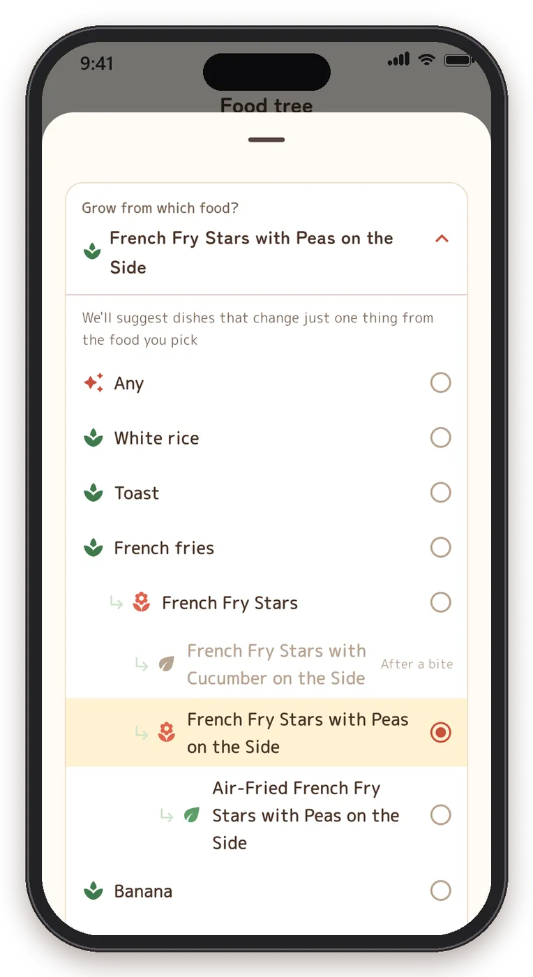 The "Where to grow from?" picker showing safe foods in a tree shape