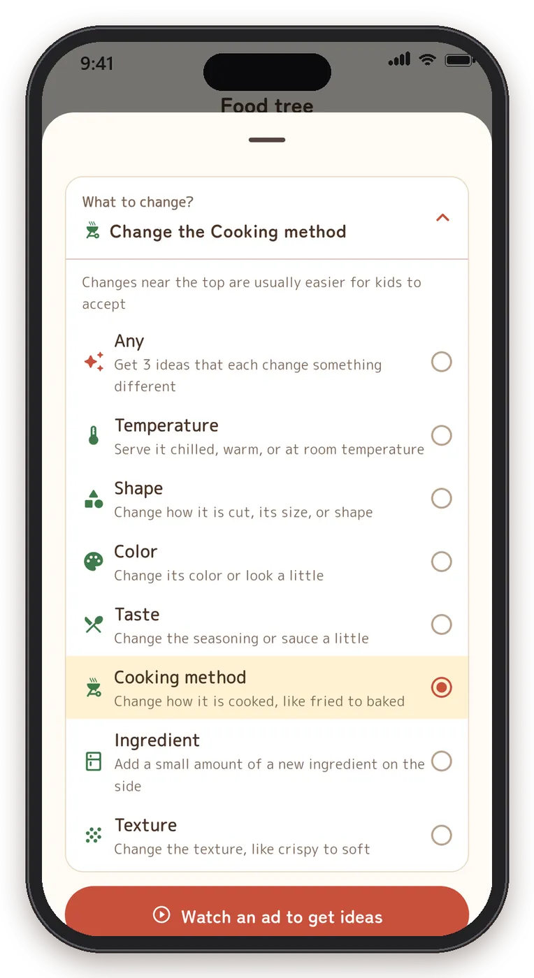 The "What to change?" picker: temperature, shape, color, taste, cooking method, ingredient, texture