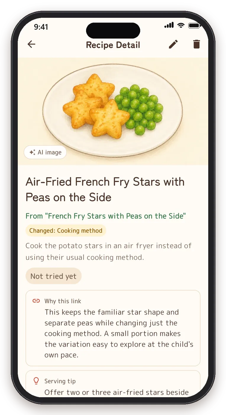 Dish detail screen with a picture-book style illustration, why it links, and a serving tip