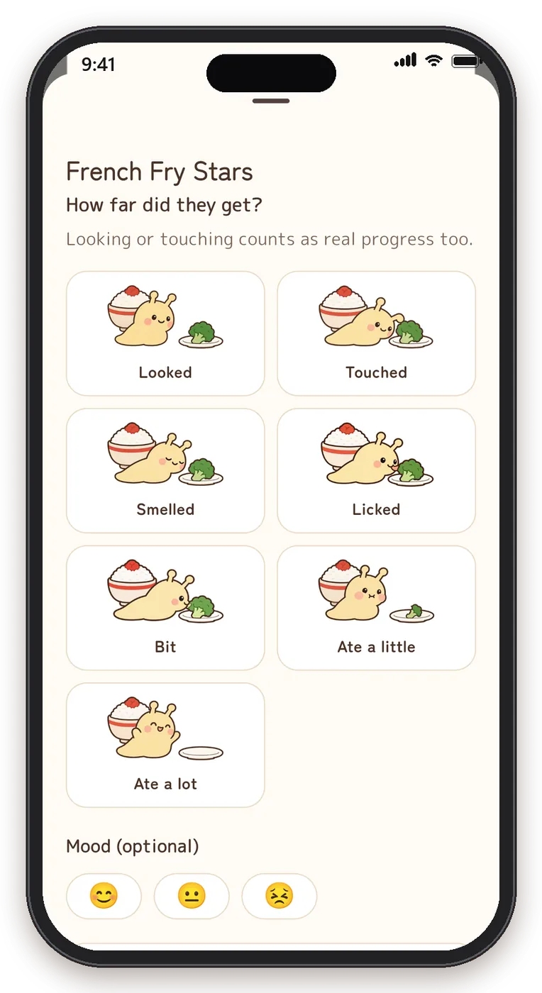 Log screen with seven steps: looked, touched, smelled, licked, bit, ate a little, ate a lot
