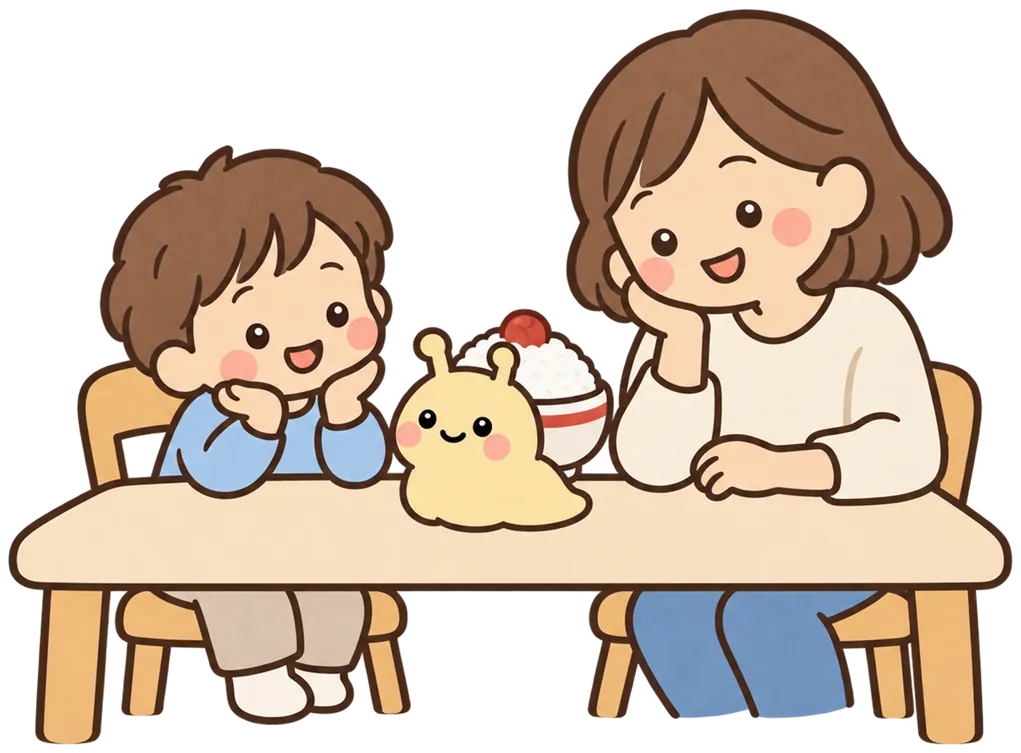 親子とかたつむりが食卓を囲んでいるイラスト