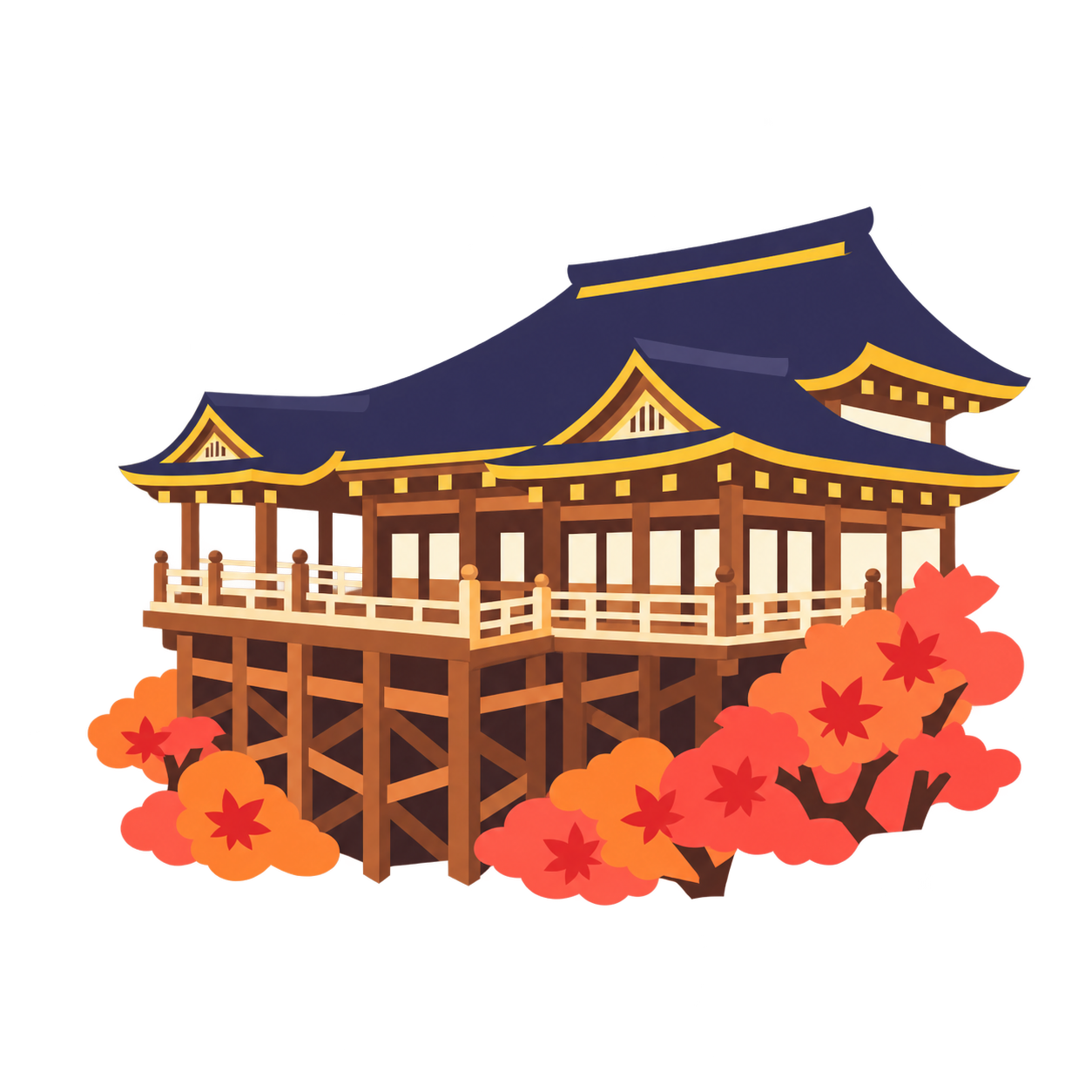 地図を背景に並ぶ清水寺、二条城、京都タワーのイラスト