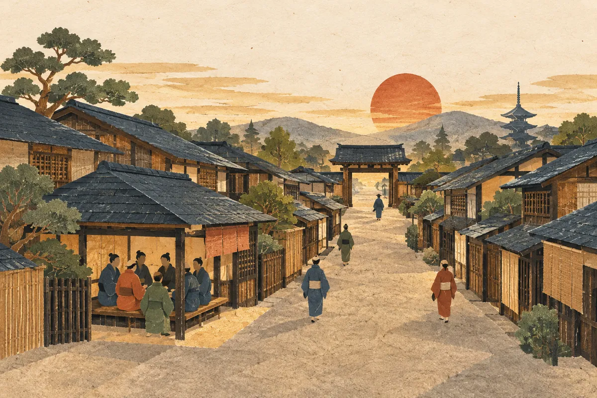 Illustration of Sengoku-period Kyoto, with machiya lining both sides of a street, a wooden gate (kido) at the street's entrance, and townspeople gathered for a meeting