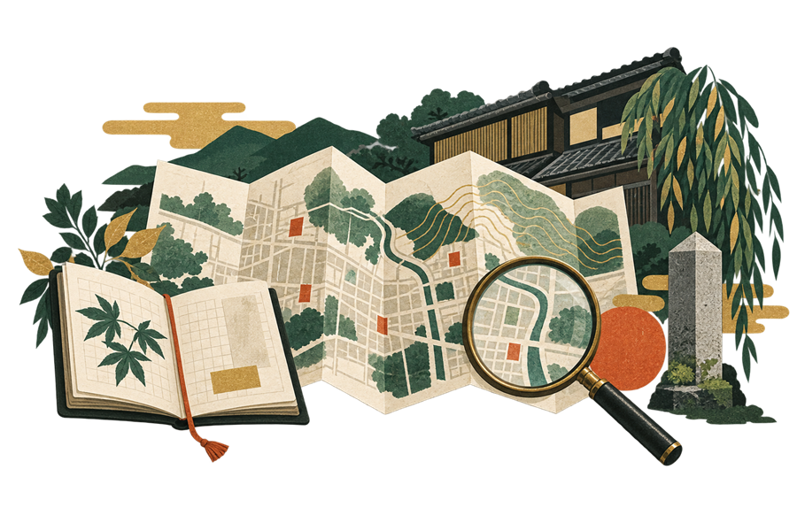 京都の通りと地名を読み解く地図と手帳のイラスト