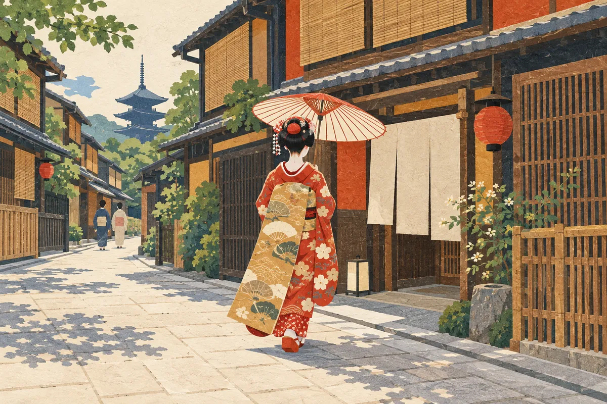夏の午前、石畳の花街の通りを、正装の舞妓が日傘をさして挨拶回りに向かう後ろ姿のイラスト