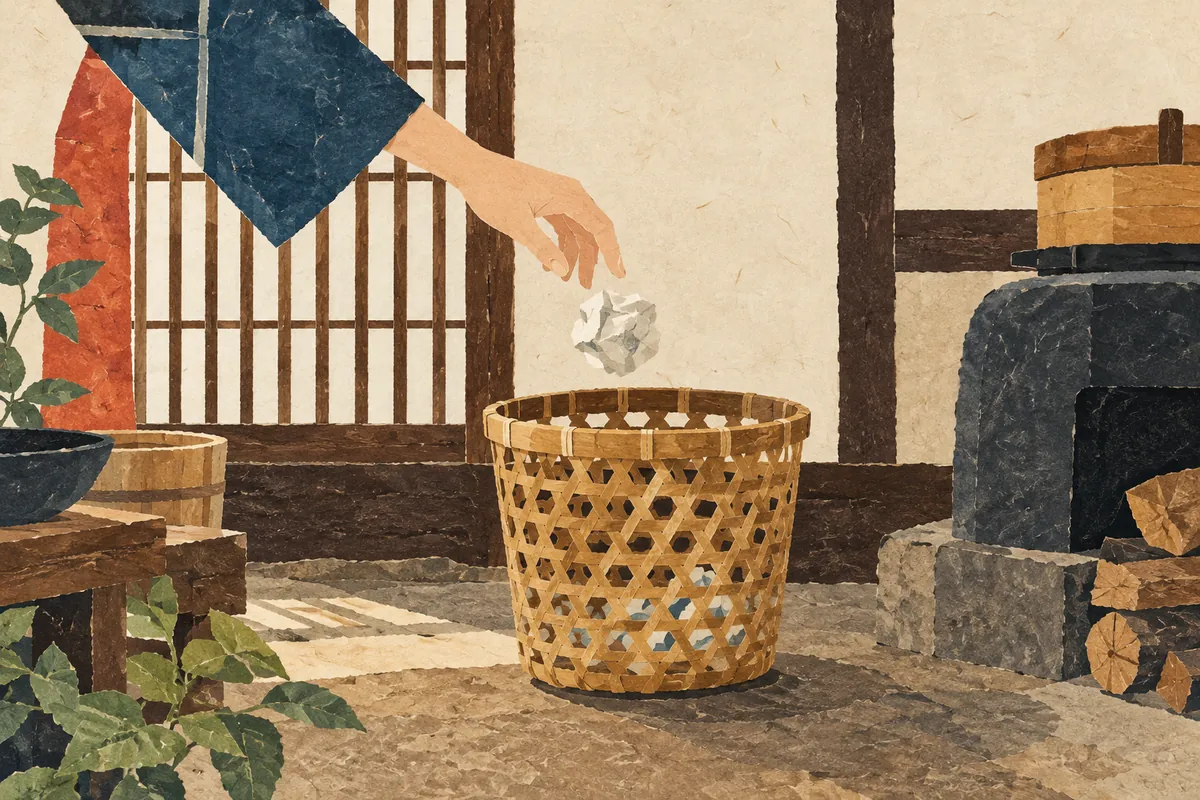 Illustration of a hand tossing a crumpled ball of paper into a bamboo wastebasket on the earthen floor of a Kyoto townhouse kitchen