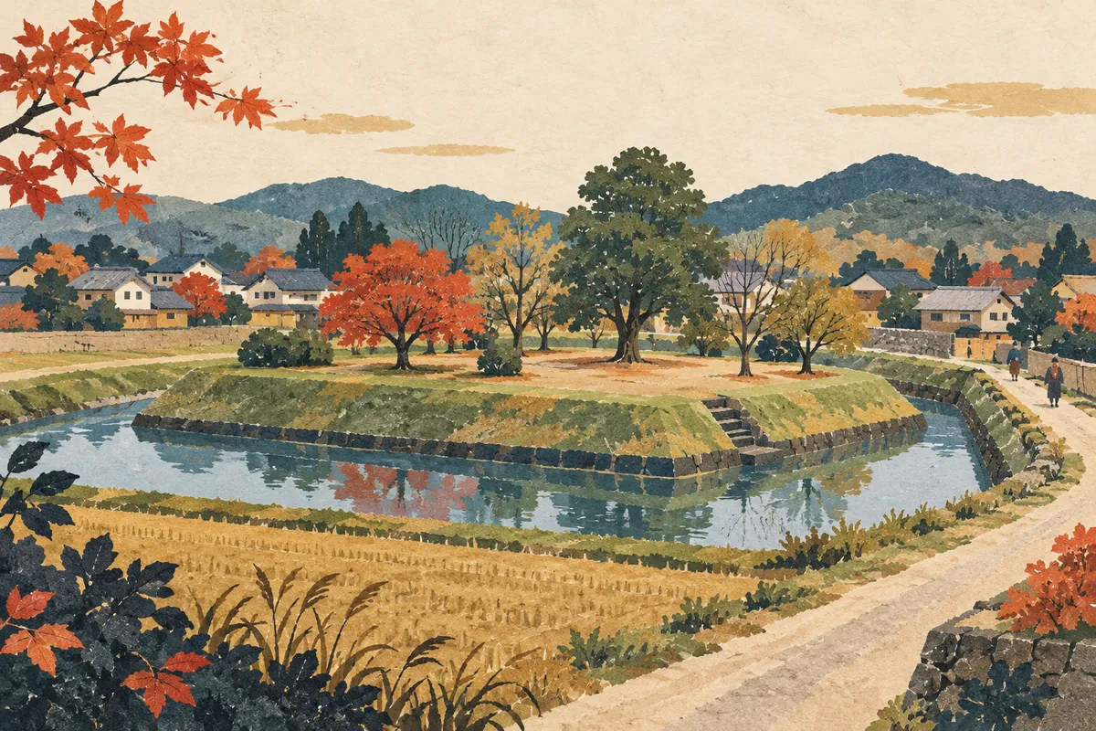 Illustration of the remains of earthen ramparts and a moat in a small park on a river terrace, seen through a stand of trees
