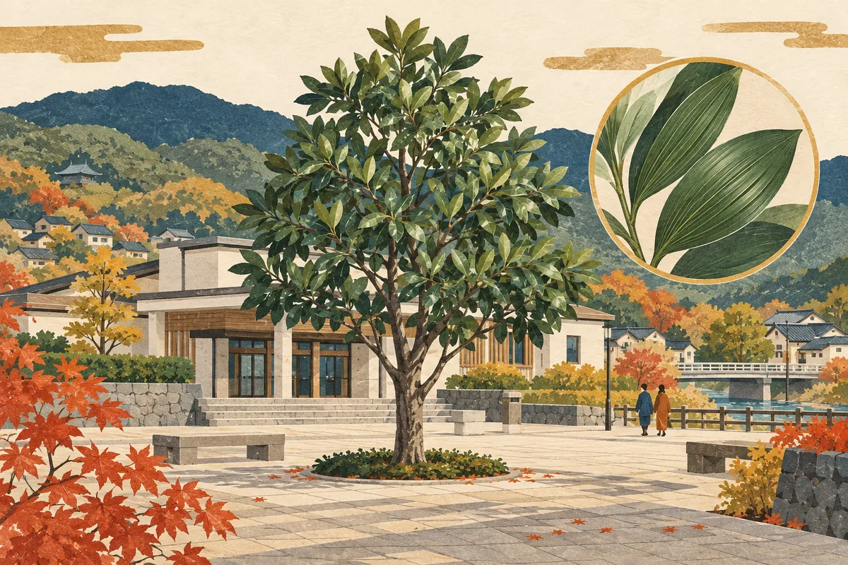 상록 나기나무가 선 야마시나 청사 앞 광장과, 멀리 히가시야마 산줄기가 보이는 이른 오후 일러스트