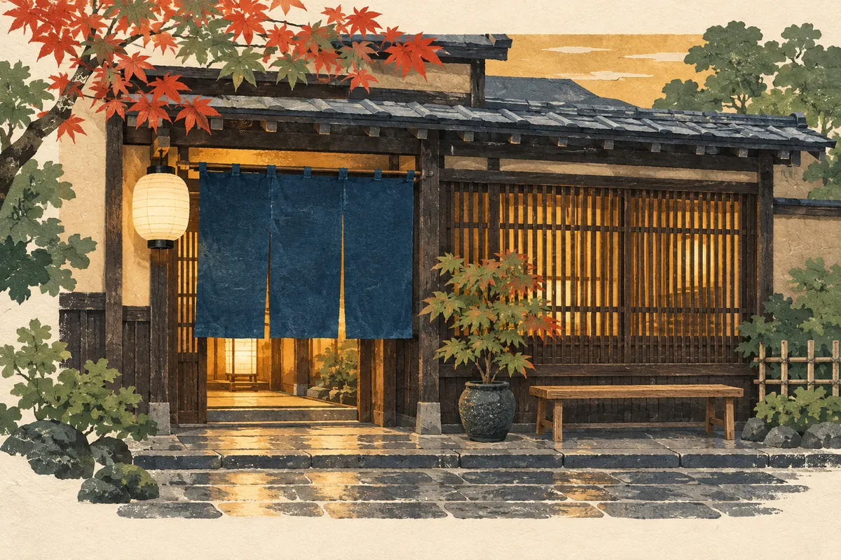 京町家の店先で暖簾がかかり、打ち水された石畳の入口が客を迎えるイラスト