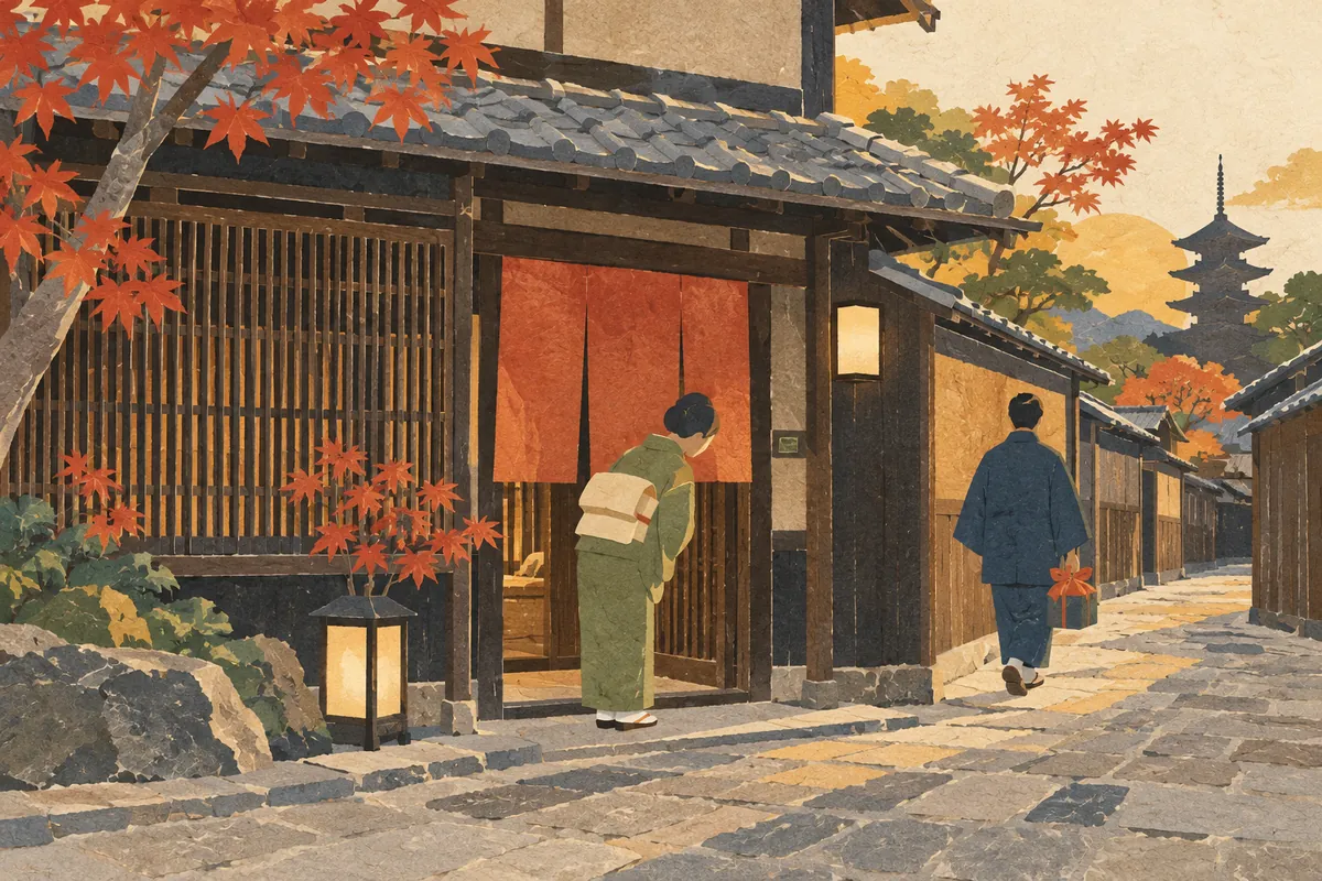 京町家玄關前,穿和服的人深深鞠躬目送離去客人的插畫(未畫出臉部)