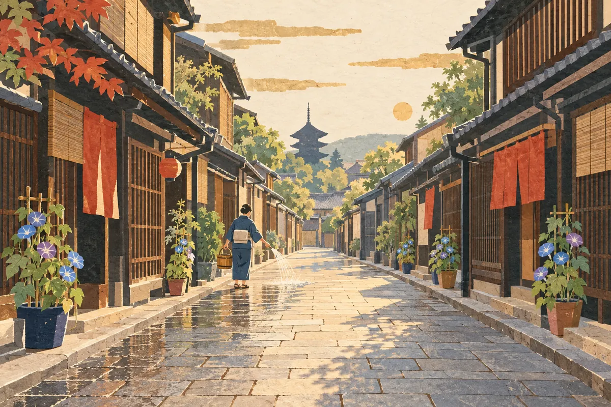 Illustration of rows of Kyoto machiya townhouses facing each other across a narrow street, with a person sprinkling water on the street