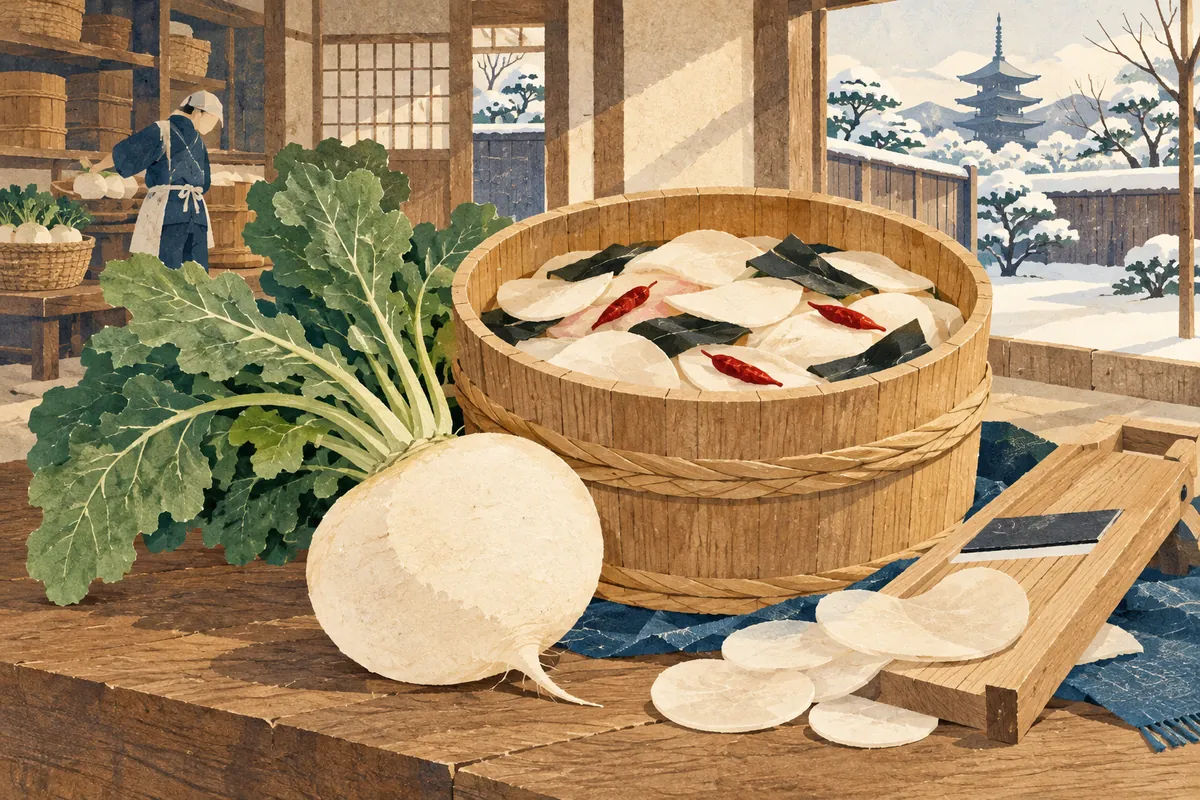 Illustration of a large white Shōgoin turnip next to a wooden barrel filled with thin turnip slices layered with kombu