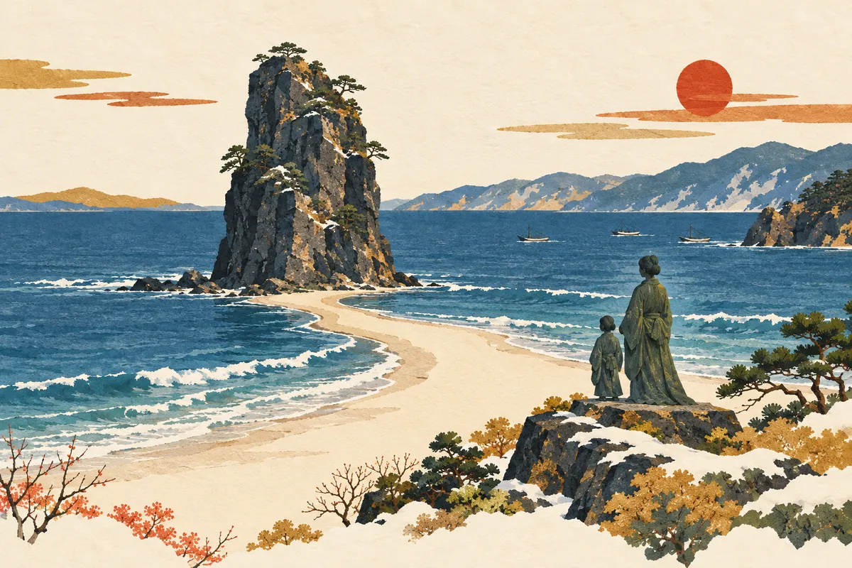 Illustration of Tateiwa rock towering over a beach on the Sea of Japan, with a statue of a mother and child gazing out to sea