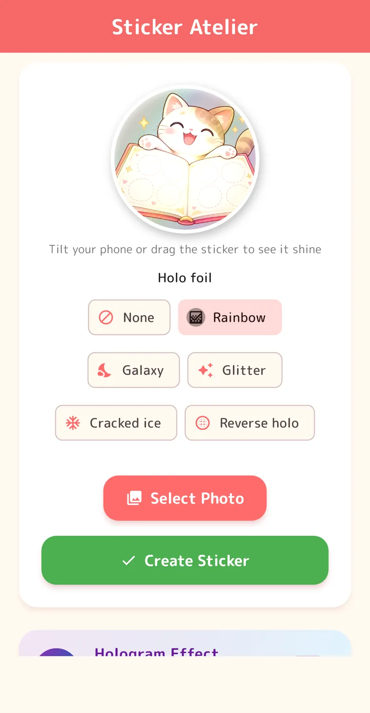 The Sticker Atelier. A cat photo sticker with holo foil choices: None, Rainbow, Galaxy, Glitter, Cracked ice and Reverse holo