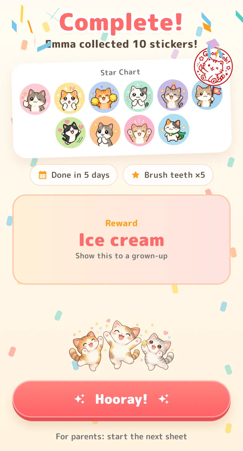 The completion screen. "Complete!" with the collected stickers, "Done in 5 days" and the reward "Ice cream"