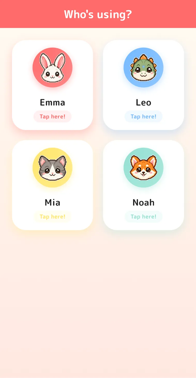 The "Who's using?" screen. Emma, Leo, Mia and Noah each have their own animal icon