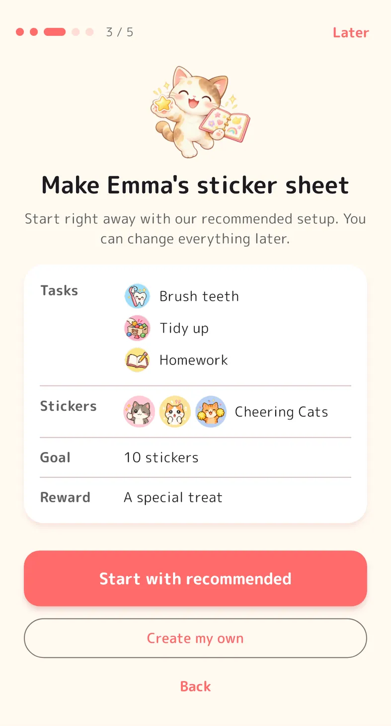 The How to use guide. "Make Emma's sticker sheet" with the recommended tasks, stickers, goal and reward