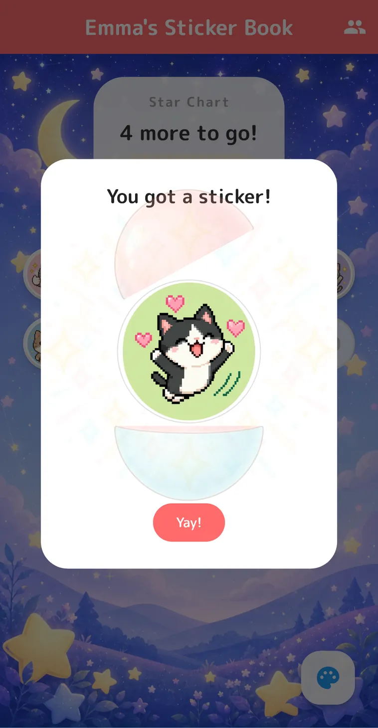 Getting a random sticker. A capsule opens with "You got a sticker!" and a cat sticker