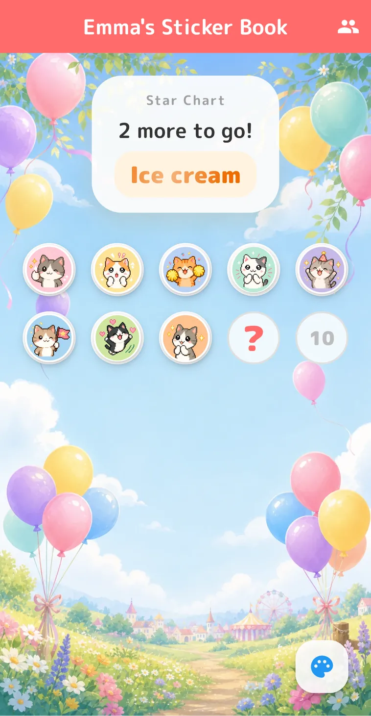 The sticker sheet screen. The star chart says "2 more to go! Ice cream" and eight cat stickers are already on the sheet