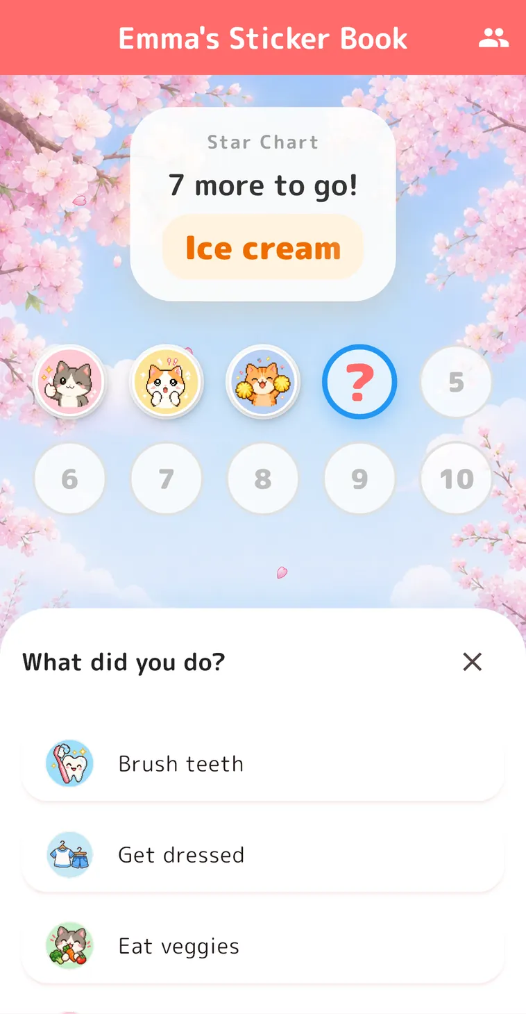 Putting on a sticker. Under "What did you do?", tasks such as Brush teeth and Get dressed are listed with picture icons